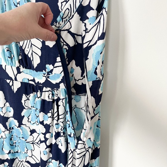 Lilly Pulitzer Silk Blend Patty Dress Low Tide Navy Bouquet All Day Womens Large - Picture 4 of 12